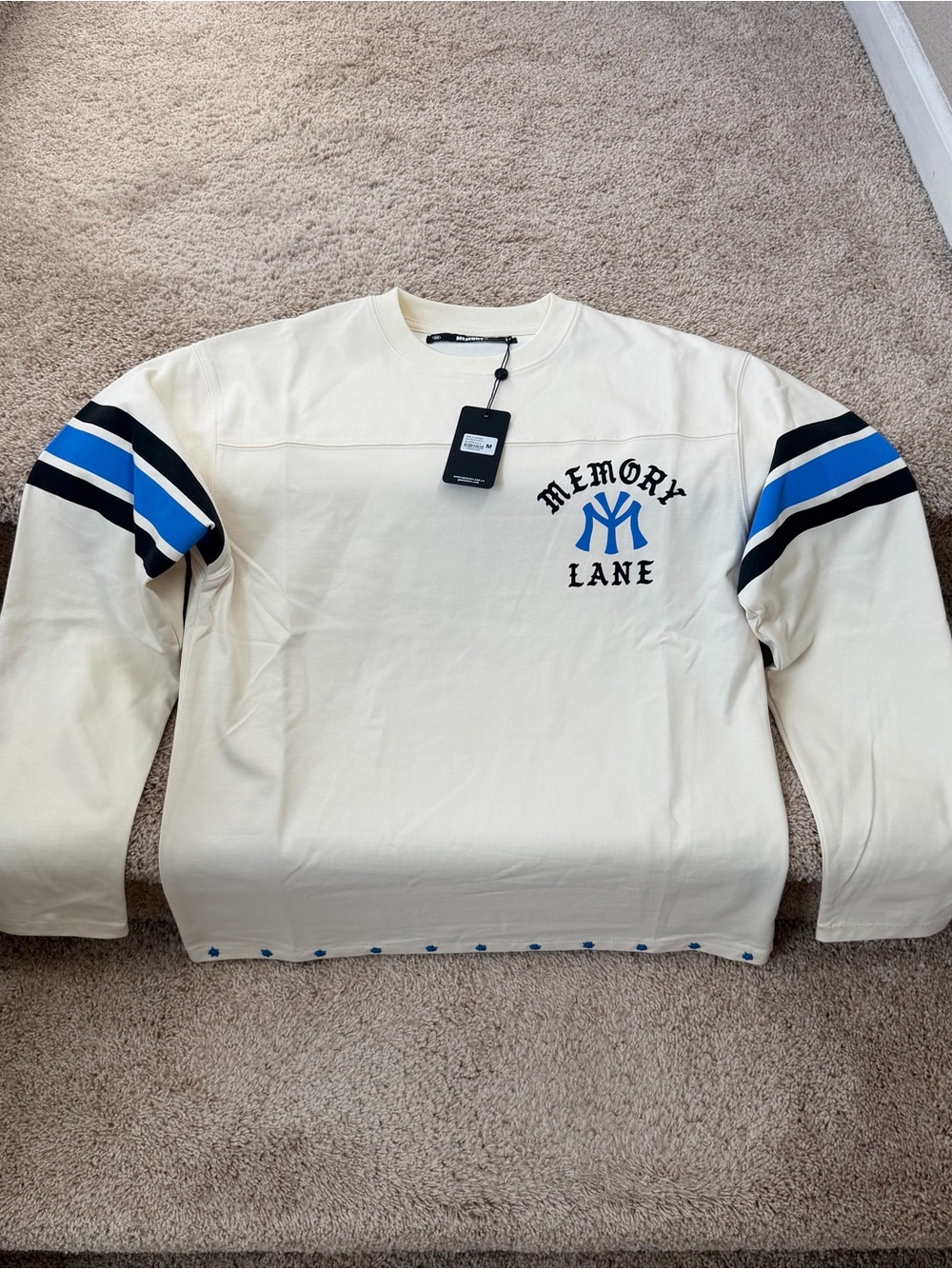 Memory Lane Cream Crewneck with Blue Stripe Sleeves